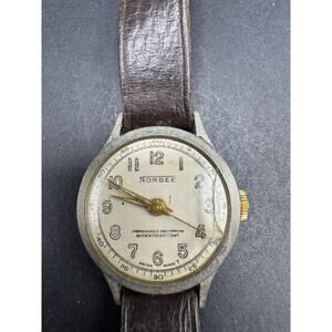 Vintage Norbee Wristwatch 5772 Unbreakable Mainspring Brown Leather Watch